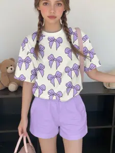 Summer Fashion Girls Casual Simple Short Sleeve Top and Shorts Set, Bow Print Design, Loose-Fitting, Perfect for Summer Wear