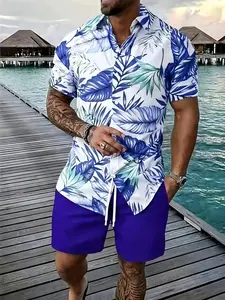 Men's Hawaiian Tropical Style Short Sleeve Shirt Set, Casual Outfit Set, Beach Vacation Casual, Palm Tree Print, All Seasons, Fitted, Regular Length