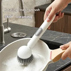 6-in-1 Dish Brush with Detergent Dispenser | 360° Rotating Scrubber for Pots, Pans, Dishes & Utensils | Adjustable Angles, Non-Slip Grip, PET Bristles, Ergonomic Design | Integrated Soap Dispenser & Wall Mount for Kitchen Cleaning