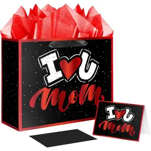 12.6" Large Mother's Day  Bag with Card and Tissue Papers (Black Red)