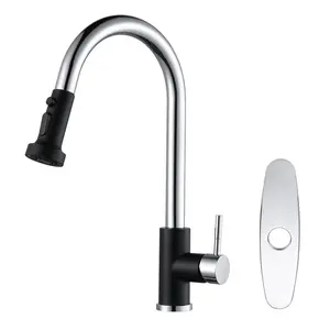 WOWOW Single-Handle Wall Mount Gooseneck Pull Down Sprayer Kitchen Faucet Stainless Steel in Black and Chrome