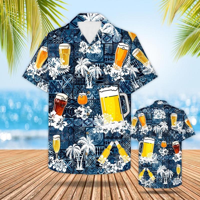 Beer Hawaiian Shirt Style Blue Drinking Shirt Beer Lover Gift, Summer Hawaiian Shirts, Trendy Hawaiian Shirt for Men and Women, All over Print Hawaiian Perfect for Beach, Vacation, or Casual Summer Outfit