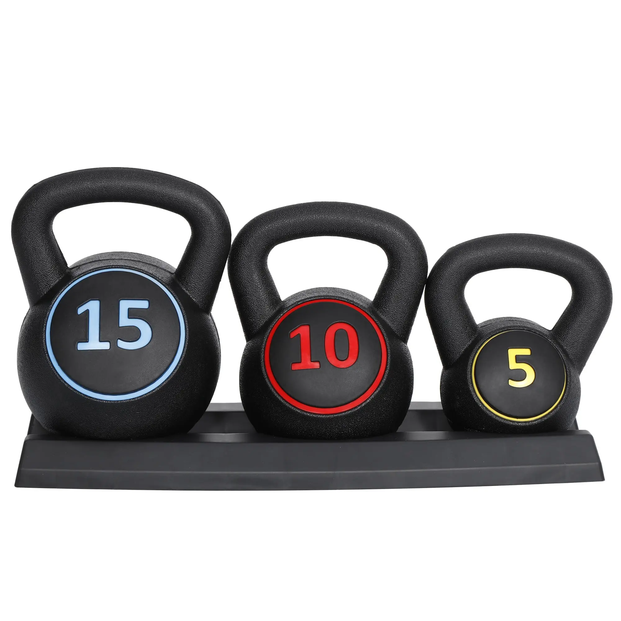 Segawe 3-Piece Kettlebell Set with Storage Rack (5,10,15lbs) - HDPE+Concrete Core, Flat Base, Anti-Slip Grip, Durable Home Workout Equipment for Strength Training,summerwins,father'sdaygifts,bathingsuitwomenset