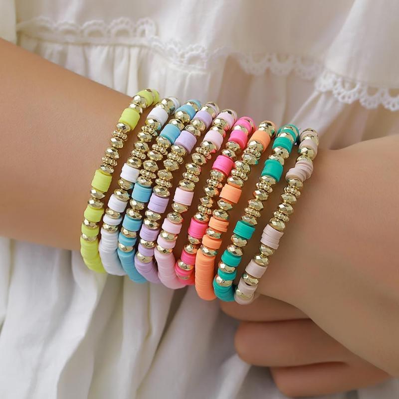 9 Pcs 7" Colorful Boho Stackable Bracelets, Surfer Heishi Clay Bead Stretch Preppy Fashion Accessories unique jewelry Suitable for Beach, Party, Vacation