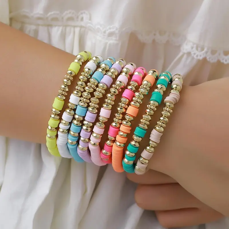 9 Pcs 7" Colorful Boho Stackable Bracelets, Surfer Heishi Clay Bead Stretch Preppy Fashion Accessories unique jewelry Suitable for Beach, Party, Vacation