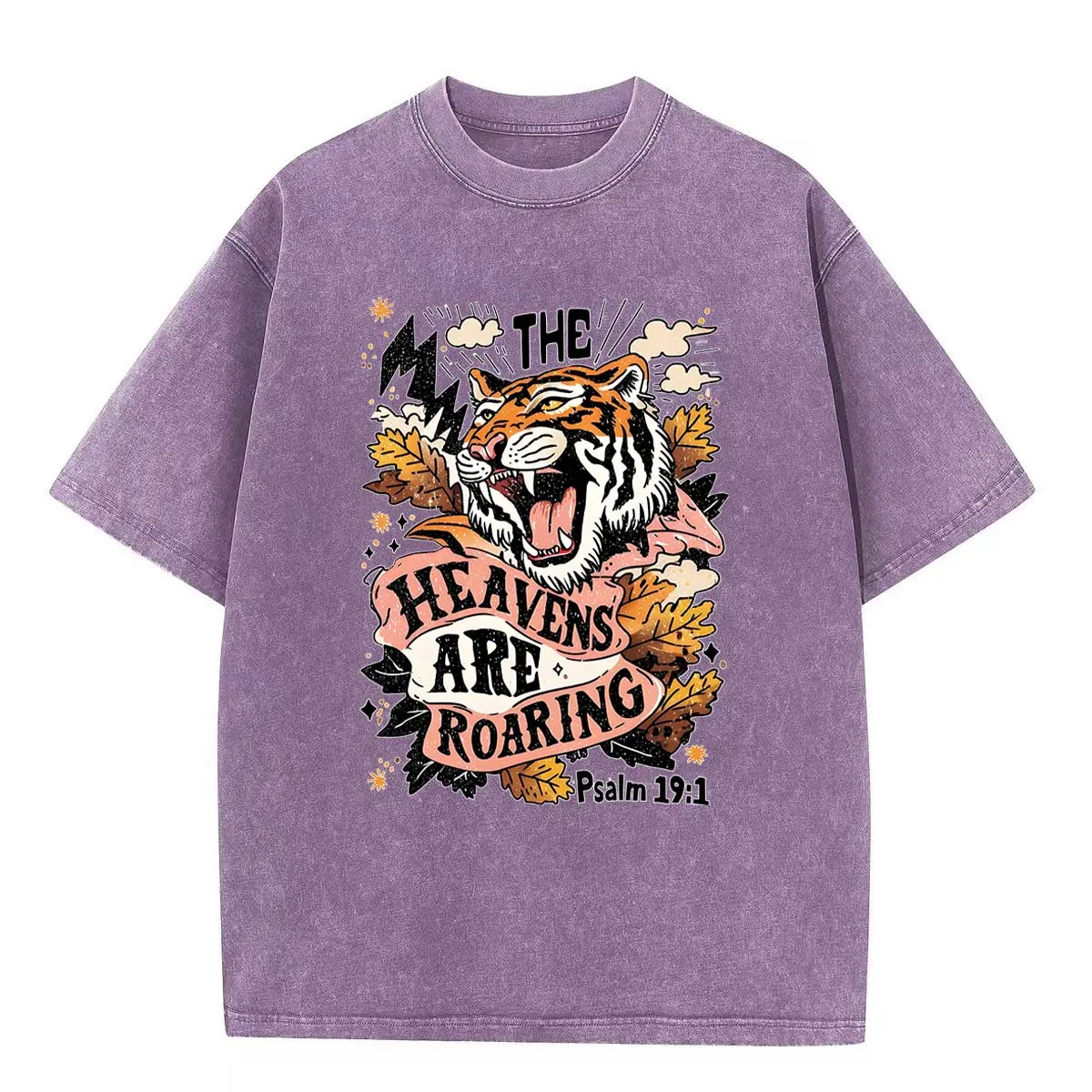 Men's Purple Acid-Washed Oversized Cotton Casual T-Shirts & Crewneck Hoodies - Fashion Cloth, Round Neck Short-Sleeve, Classic Retro Wild Line, Roaring Tiger-Psalm 19:1 "The Heavens Are Roaring" Graphic, Soft Fabric for Streetwear Menswear Top