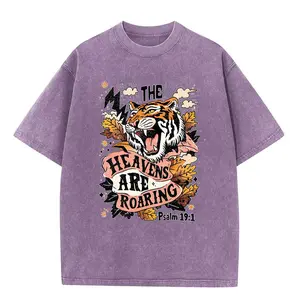 Men's Purple Acid-Washed Oversized Cotton Casual T-Shirts & Crewneck Hoodies - Fashion Cloth, Round Neck Short-Sleeve, Classic Retro Wild Line, Roaring Tiger-Psalm 19:1 "The Heavens Are Roaring" Graphic, Soft Fabric for Streetwear Menswear Top