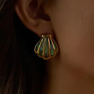 Uworld Holiday Ocean Shell Colored Abalone Shell Earrings 18K Gold Color Plated Stainless Steel Hollow Shell Earrings Women's Ac