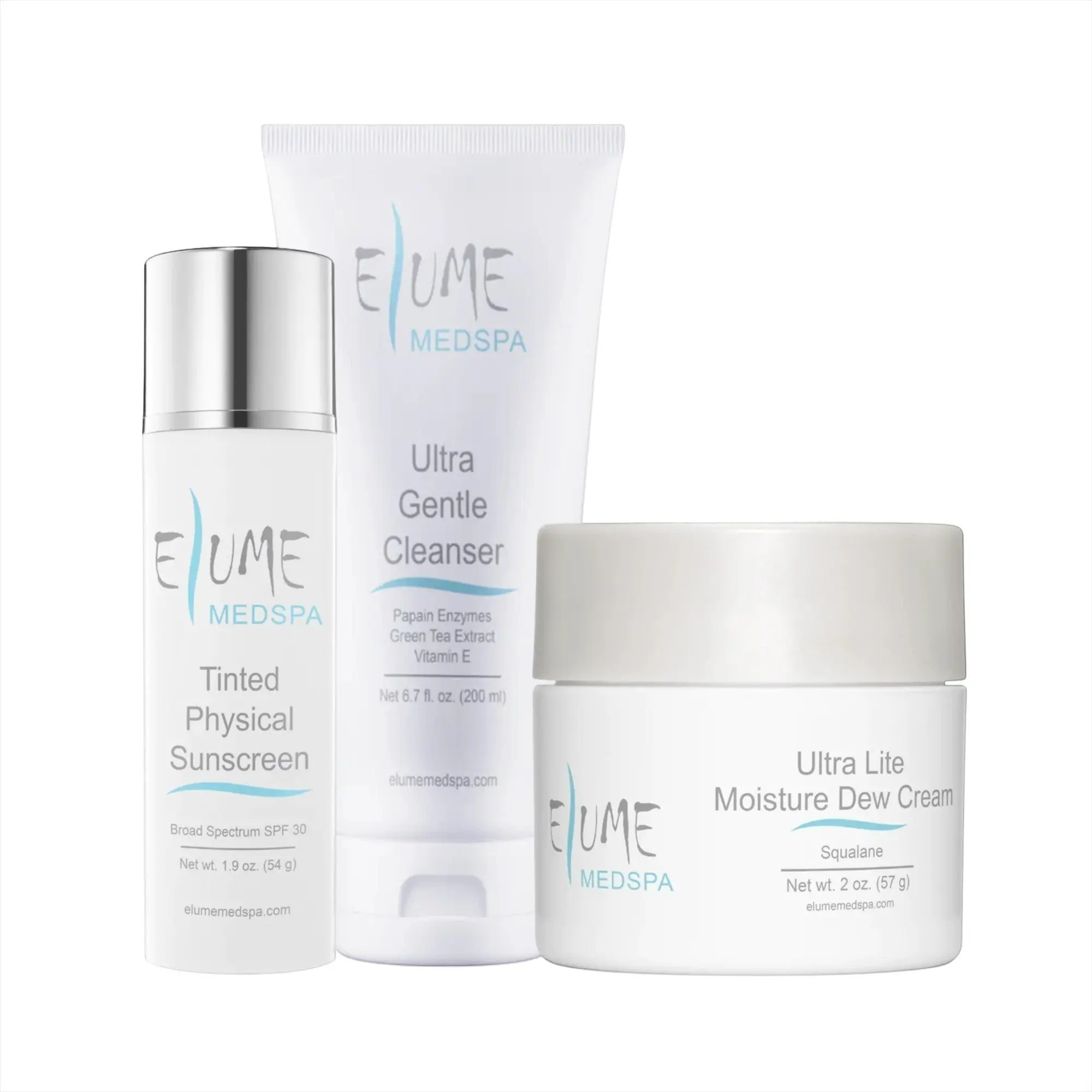The Everyday Essentials Bundle: Elume Papaya Ultra Gentle Cleanser + Elume Ultra Lite Moisture Dew Cream + Elume Tinted Physical Sunscreen SPF 30