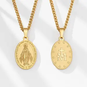 Hermah Double Virgin Mary Pendants Necklace Stainless Steel Box Link Retro Oval Brand Accessories Virgin Mary Pendant Stainless Steel Pendant Necklace,Gift For Girlfriend, Stylish Jewelry For Men And Women, Anniversary Birthday Mother'S Day Gift name