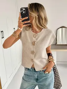 Women's Round Neck Knitted Sweater Vest, Sleeveless Open Front with Large Spiral Buttons, Elegant Casual Solid Color Top