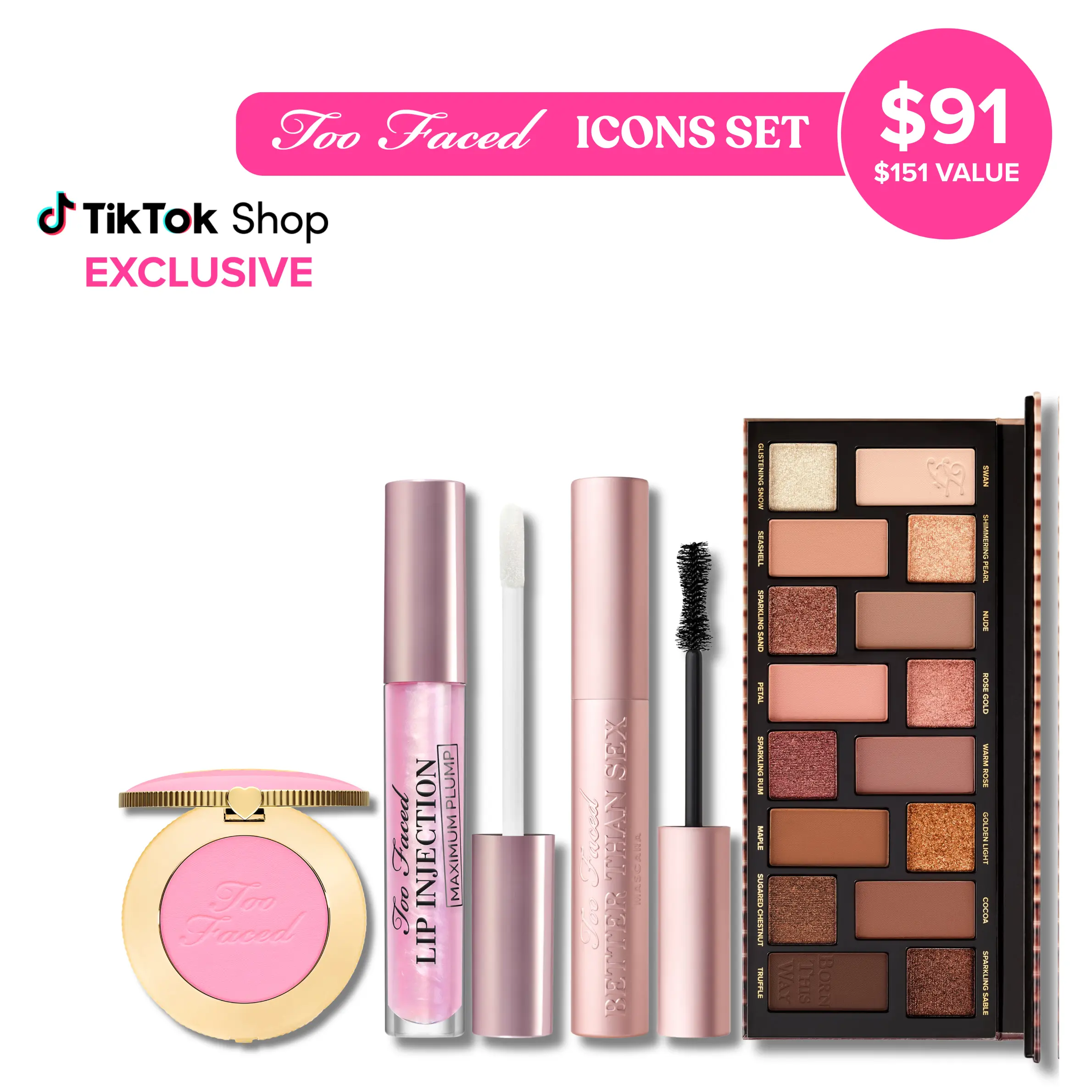 Too Faced Icons Set - Better Than Mascara, Lip Injection Maximum Plump Lip Plumper Gloss, Born This Way The Natural Nudes Eye Shadow Palette, Cloud Crush Blush Candy Clouds