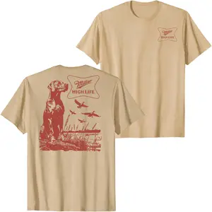 Miller High Life Hunting Dog Graphic T-Shirt with Duck Scene Back Print, Vintage Beer Outdoors Tee, Retro Hunter Lifestyle Streetwear Unisex Summer Casual Shirt