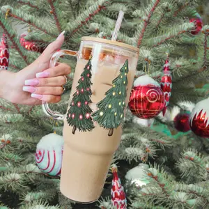 Sip-Sip Hooray! Christmas Tree Tumbler – Holiday Iced Coffee Cup with Bamboo Lid & Plastic and Glass Straws, Aesthetic Christmas Gift, Cute Holiday Drinkware Bottle Bottled