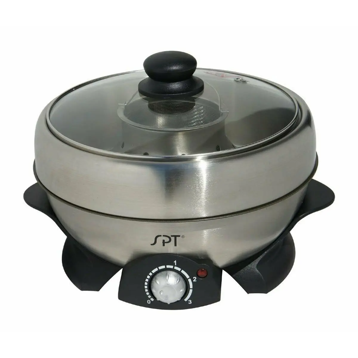 SPT Sunpentown Durable Stainless Steel Multifunctional Electric Hot Pot - Household Kitchen Appliance with Shabu-Shabu Ready, Grill, Griddle Functions, Adjustable Settings, Steam Rack, Strainer Support, Removable Parts, Multifunctional Hot Pot