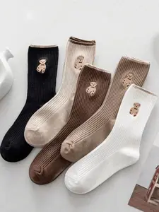 Women's Korean Style Fall Winter Cute Long Plush Socks, Teddy Bear Design, Student Friendly, All-Season Comfort, 5 Pairs