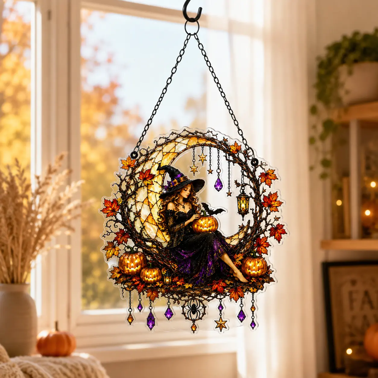 Mystic Witch Crescent Moon Halloween Hanging Decor, Pumpkin Maple Leaf Acrylic Window Accent, Stained Glass Inspired Autumn Home Decoration
