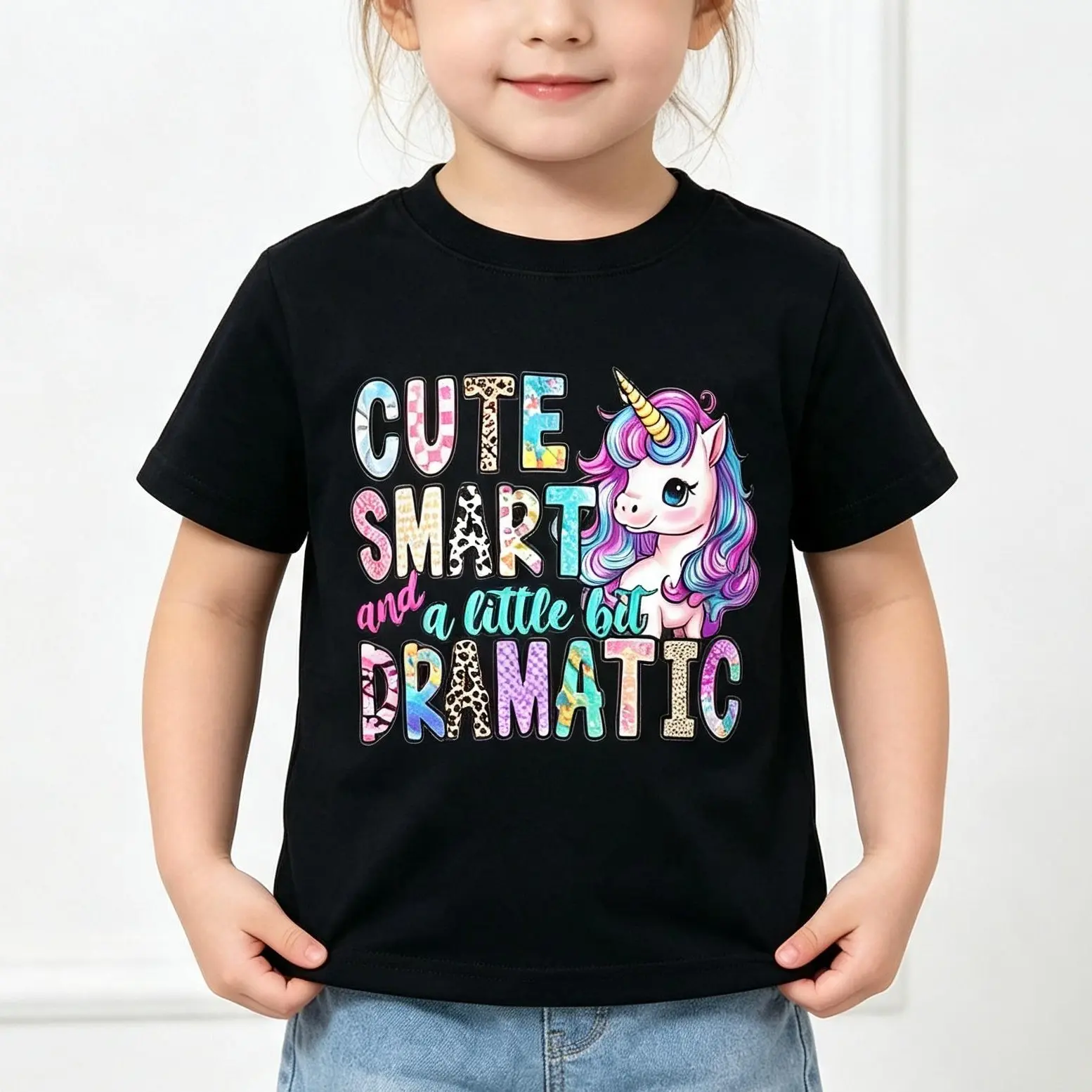 Girls' Graphic T-Shirt, Casual Crewneck with a Cute Unicorn Cartoon Print, Soft & Breathable Short Sleeve Top for Summer Daily Wear, Graphic Printed Tee, Cartoon Print Tee