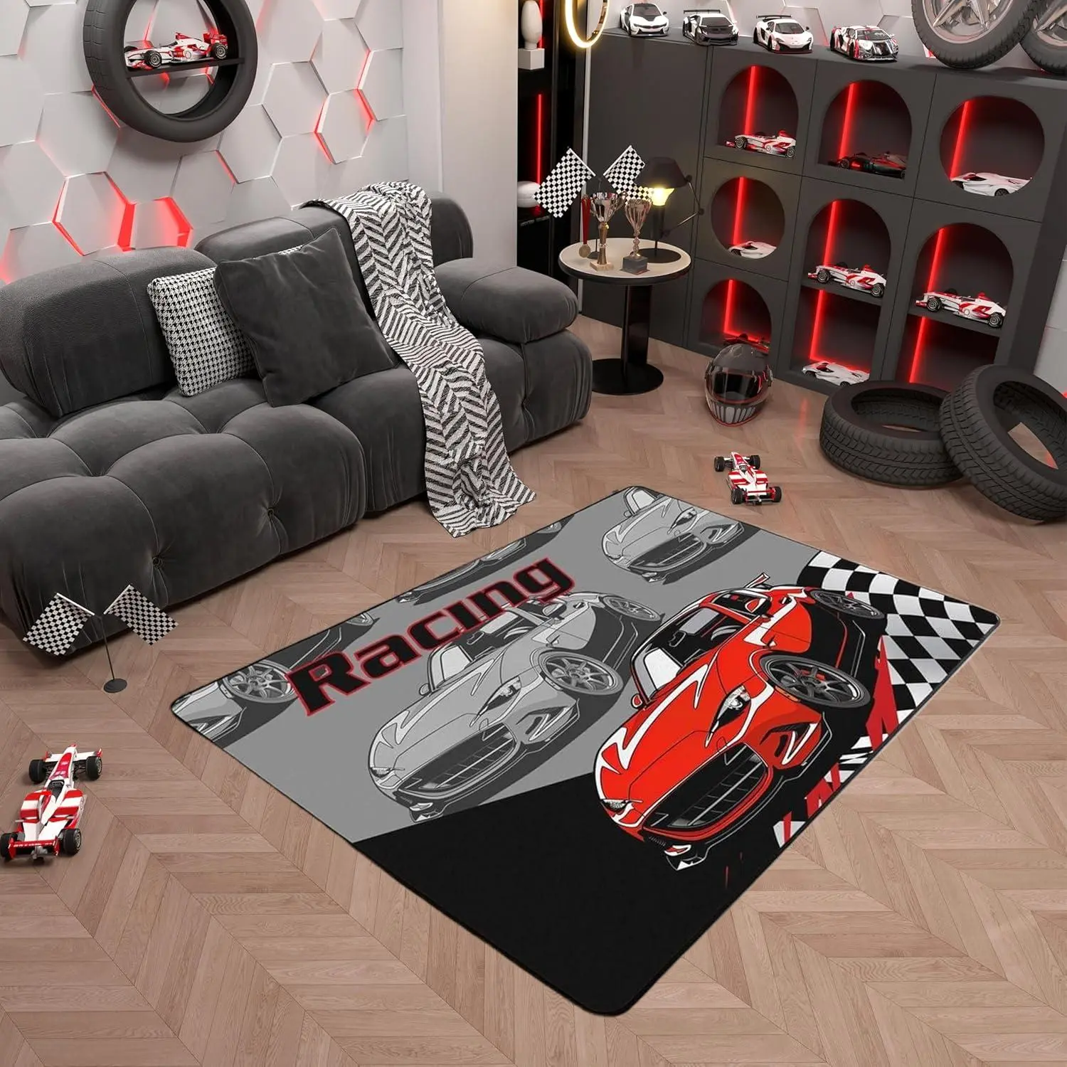 Race Car Non Slip Rug ,Cool Red Car Black White Grid Indoor Floor Mat Men Women,Street Art Style Racing Theme Washable Decorative Area Rug Living Room Bedside Playroom