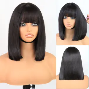 U&A Hair Glueless 5x4 Lace Front Synthetic Yaki Straight Bob Wig with Bangs Wear and Go short Blunt Cut Bob Wig True Scalp Tiny Knots，More Fluffy