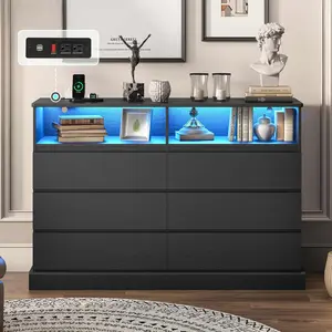 Sikaic 6 Drawers Dresser with LED Lights Charging Station Black