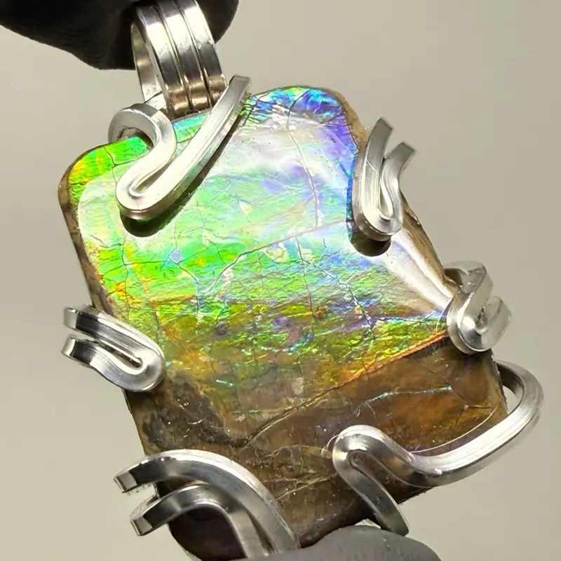 Rare Large Ammolite Sterling Silver Pendant Unique Artisan Crafted Design with Vibrant Multicolor Gemstone and Gold Wire Wrapping