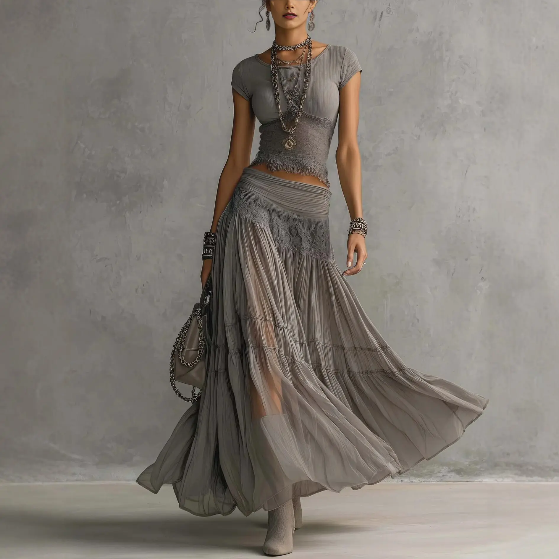Dreamy Vintage Boho Lace Tiered Two Piece Maxi Set, Slim Ribbed Short Sleeve Crew Fringe Hem Crop Top High Ruched Waist Hollow Lace Panel Multi Layer Crinkle Sheer Flow Split Floor Skirt, For Rural Sunset Coastal Market Art Studio Shoot, Oversized Airy Re