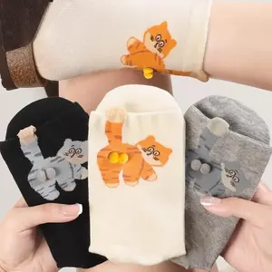 3 Pairs Cute Cat Cotton Socks with Pompom Design, pink Soft and Comfortable, Suitable for All Seasons, Christmas Gift Stocking Stuffers cuff  Halloween Face Embroidered socks Casual Womenswear Breathable thigh high socks