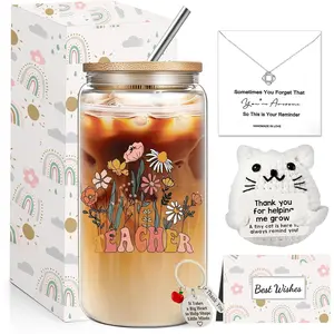 Best Teacher Appreciation Gifts, Teacher Gifts for Women, Thank You Birthday Gifts Set with 16 oz Glass Cup Necklace