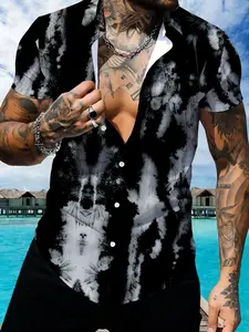 Men's Short Sleeve Shirt, 3D Tie Dye Palm Leaf Print, Casual Collared Top, Vacation Style Men's Clothing, All Seasons Slim Fit