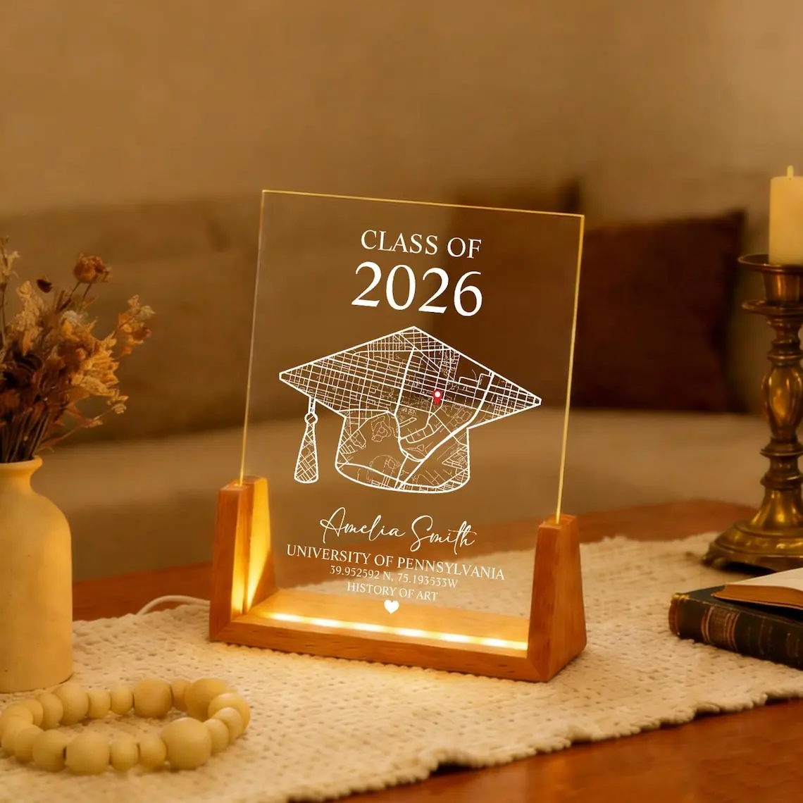 Personalised University Map Sign Light, Class of 2026 Acrylic Plaque, Graduation Gift Class of 2026 Gift, College Grad Keepsake