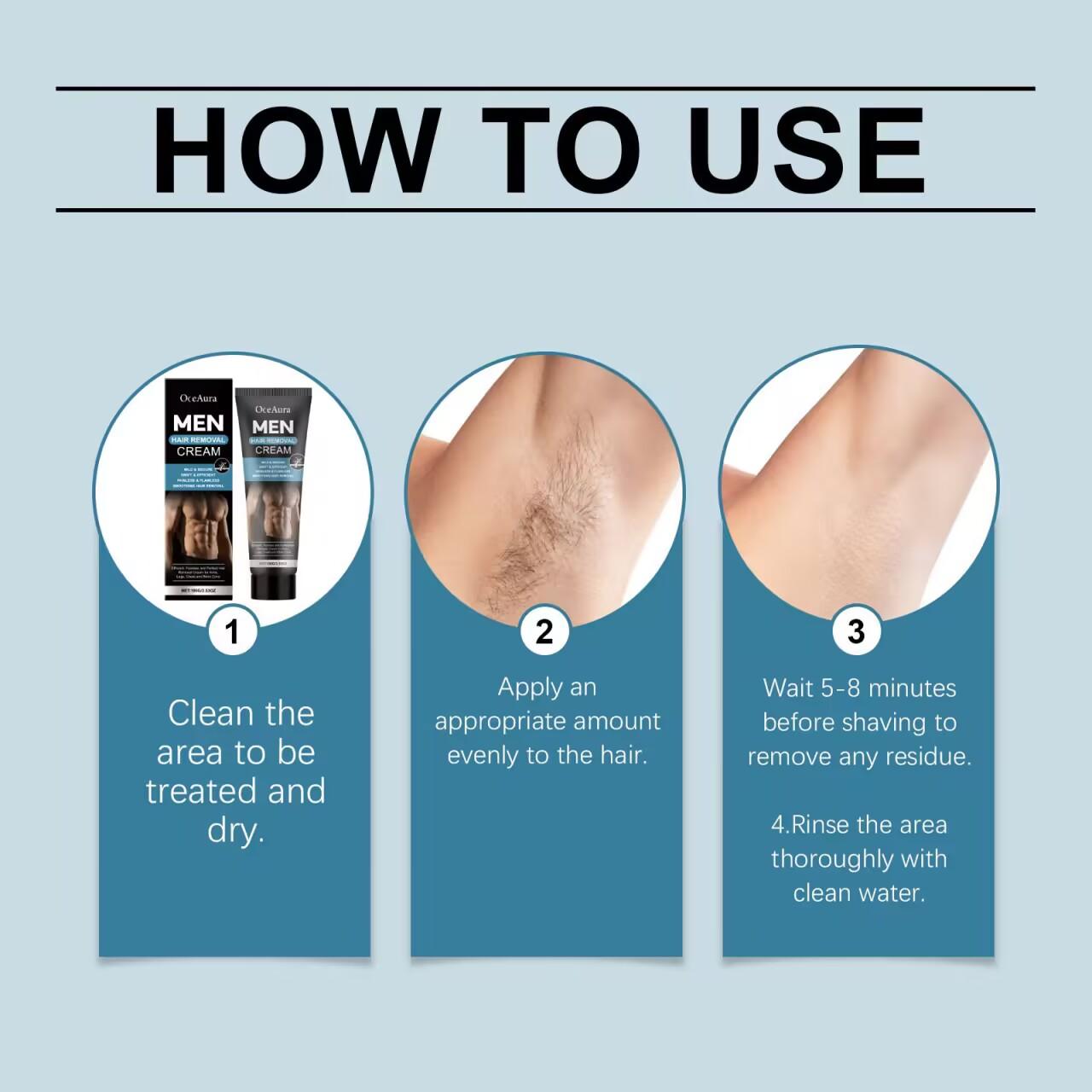 OceAura Men's hair removal cream, suitable for full-body hair removal, ideal for chest, back, legs, and underarms. Achieve quick and painless hair removal at home in just 5 minutes, removing hair from the root to maintain smooth skin.