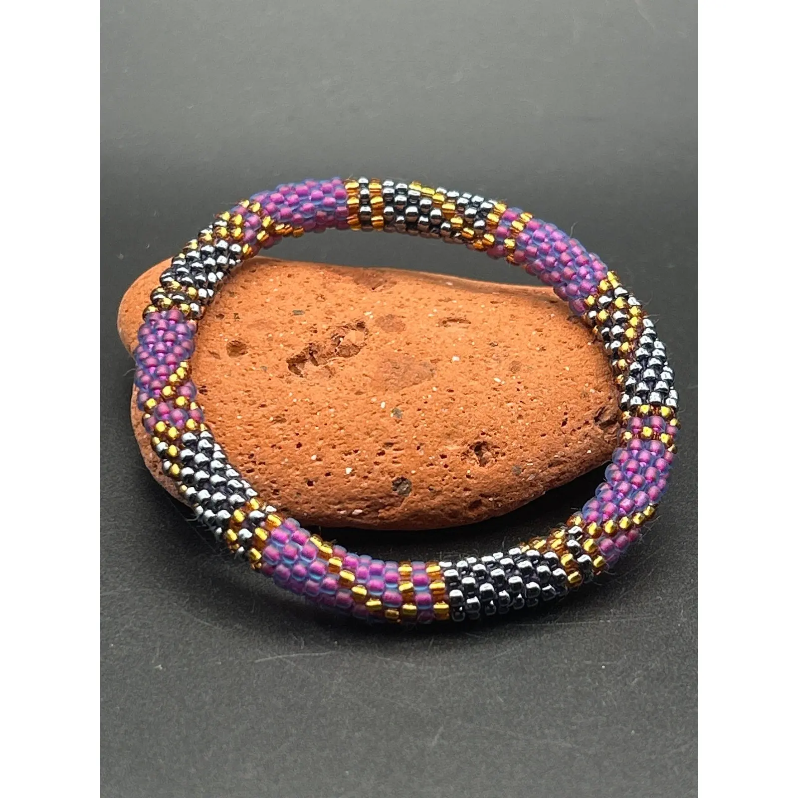 Nepalese Beaded Roll On Bracelet | Handmade Purple Gold Silver Crochet Rope Gift