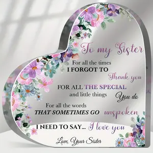 Acrylic Heart-Shaped Sister Gift Plaque with Floral Design & Heartfelt Message - Birthday/Thank You Present for Sisters, Besties, Home Decor Tabletop Memorial Keepsake