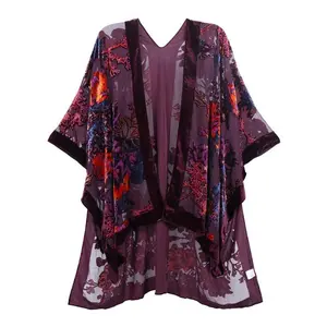 WeHello Burnout Velvet Kimono for Women JYP F‑6 long cardigan beach cover-up vacation casual shawl swimwear cover-up outfit women’s chic party piece