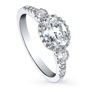 BERRICLE Sterling Silver 3-Stone Engagement Rings for Women, 1.2 Carat Oval Cut Cubic Zirconia CZ Ring