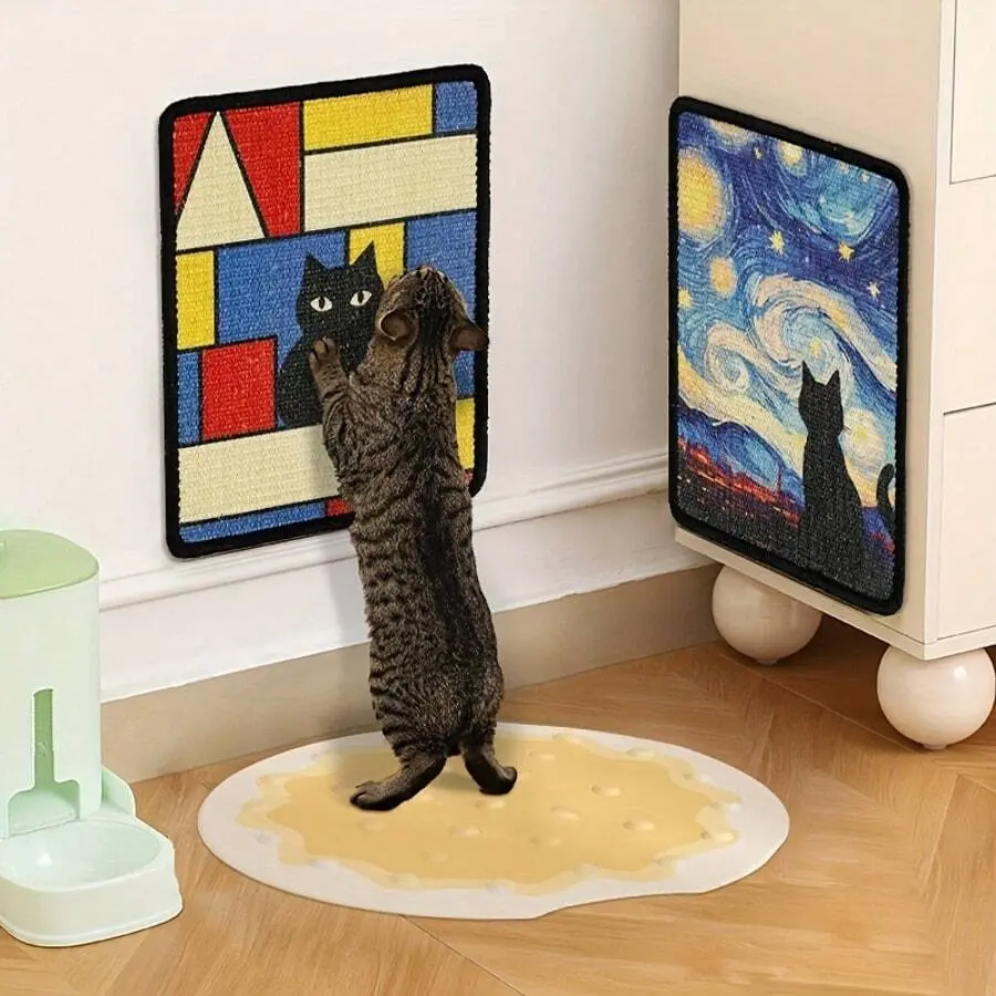 1PC Durable Sisal Hanging Cat Scratching Post-Pad, Cartoon-Graphic-Geometric Multicolor Van Gogh Starry Sky Sunflower Oil Painting Design, Space-Saving Paw Grinding Tool, Non-Slip Furniture Protector, Ideal Pet Gift