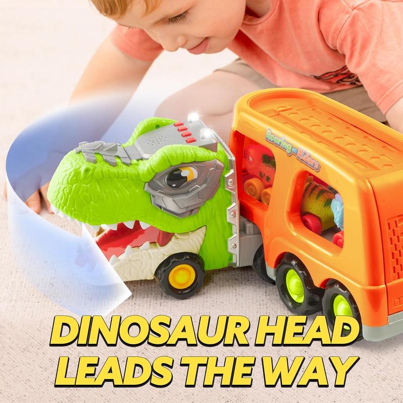 Dinosaur Toys for Kids 2-4, Toddler Boy Toys, Dinosaur Carrier Truck with 6 Rubber Car Vehicles, Christmas Birthday Gifts with Music & Lights for 2 3 4 5 Year Old