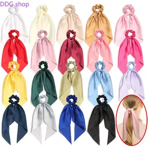 Women's Solid-Color Satin Triangle Scarf Head Wrap - Long Knotted Streamers Sports Headband, All-Season Simple Hair Accessory for Ponytails, Head Scarf