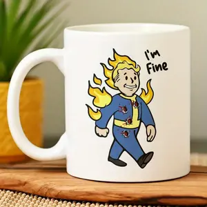 [Made in US] Hot Fallout Vault Boy I'm Fine Ceramic Travel Mug 11oz For Coffee Lovers Perfect Gift for Birthday Holiday Thanksgiving Christmas Gifts Party Gifts For Him Tea Cup