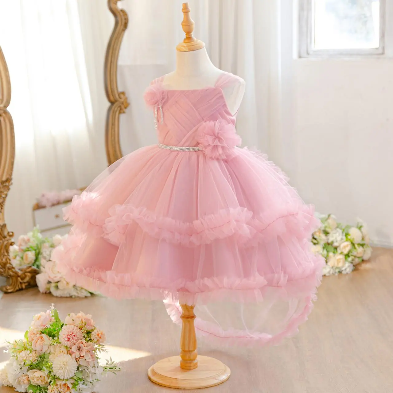 Birthday Party Long Train Tulle Pettiskirt Flower Girl Dress Baby Sleeveless Princess Tutu for Wedding Church Pageant