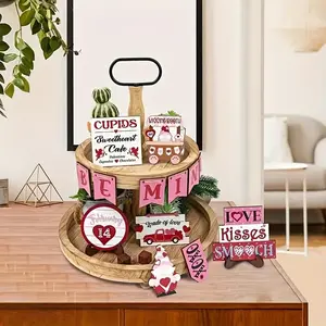 Wooden Tiered Tray Decoration, 17pcs/set Romantic Heart Shaped Desktop Ornament, Heart Plaque, Home Decor for Living Room Bedroom Wedding, without Tray