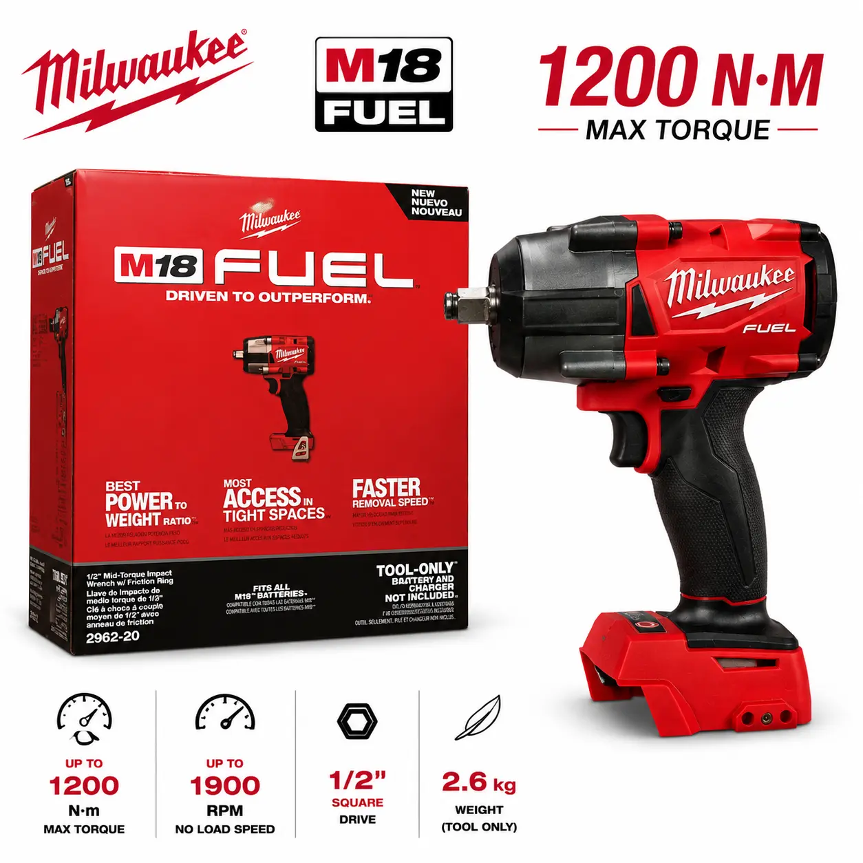 Milwaukee M18 FUEL Compact 1/2" Cordless Impact Wrench, 1200Nm High Torque Brushless Electric Wrench, Bare Tool / Full Kit with Battery & Charger Optional