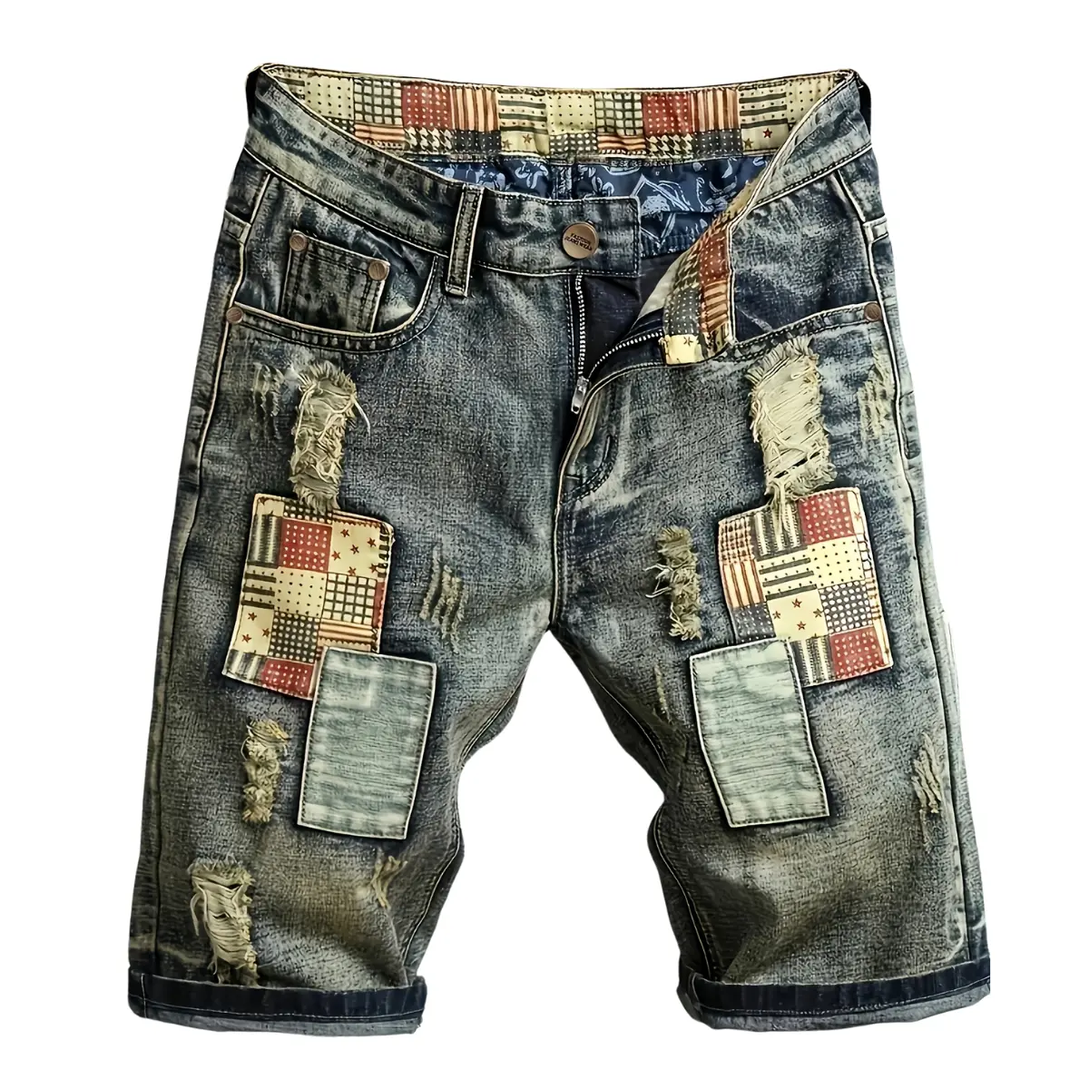 Distressed patchwork non-stretch denim shorts — bold retro summer casual bottoms