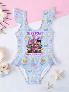 K-POP Cartoon Kids Girls One-Piece Swimsuit, Blue Stripe Birthday Cake Ruffle Beach Swimwear, Best Gift for Birthday & Back to School