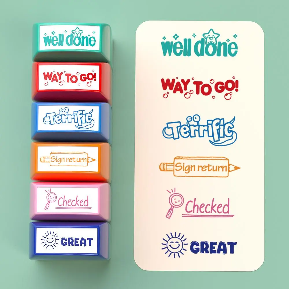 Colorful Stamp Set, 12pcs/set Self-inking Stamp with Storage Tray, Teacher Grading Stamp, Encouragement Stamp, Teachers Tool for Home School Office Classroom Use Mark Student Work Positive Reinforcement, Checked, Way to go, Well Done