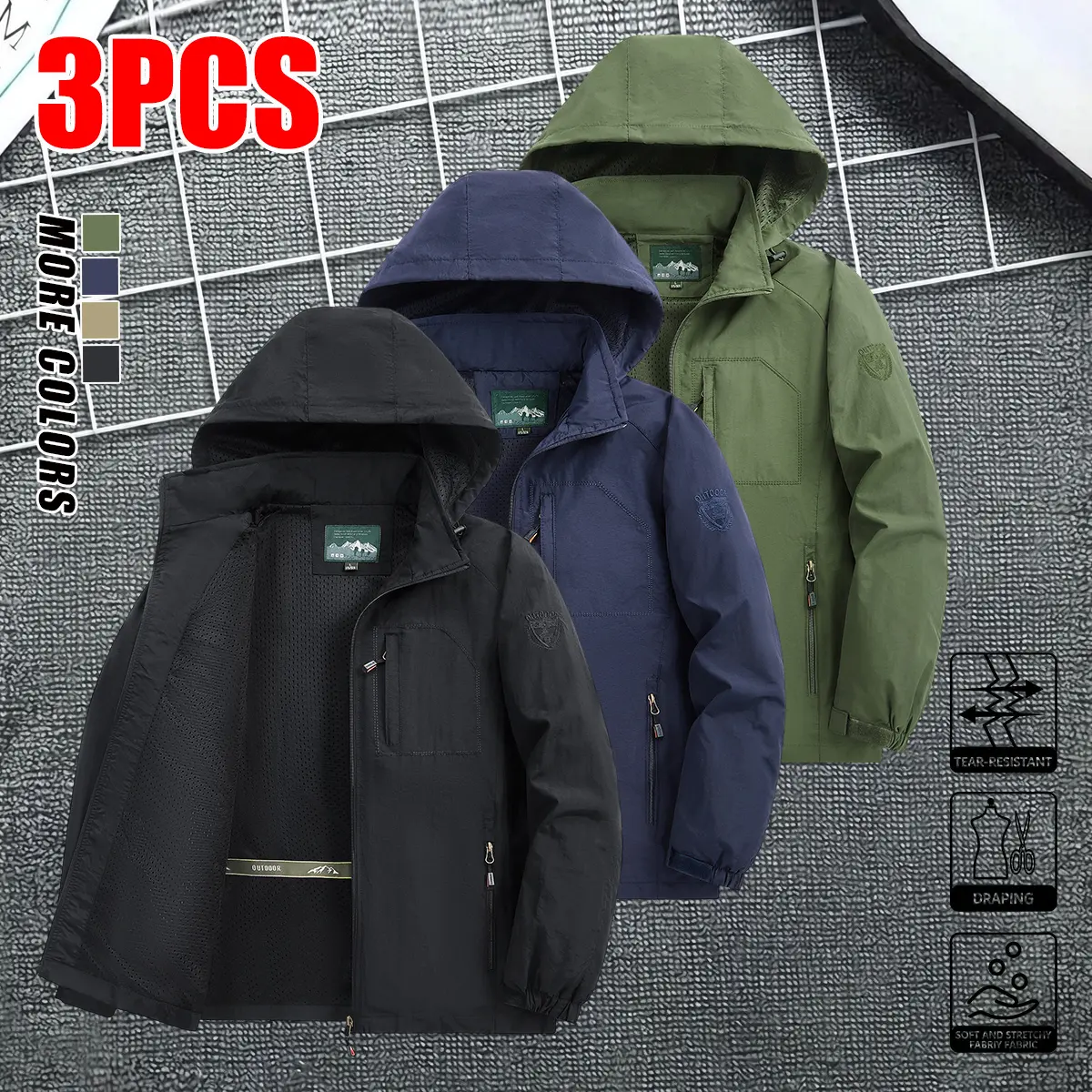 3-pack men’s softshell hooded windbreaker jackets, sporty casual style, large front pockets, side zip pockets, suitable for everyday wear—versatile and popular jackets