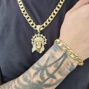 ViOrO 14K Gold Plated 10mm Cuban Link Chain with Bracelet and Zircon  Jesus Christ Pendant for Dairy Use. Electro Laminated Premium Jewelry