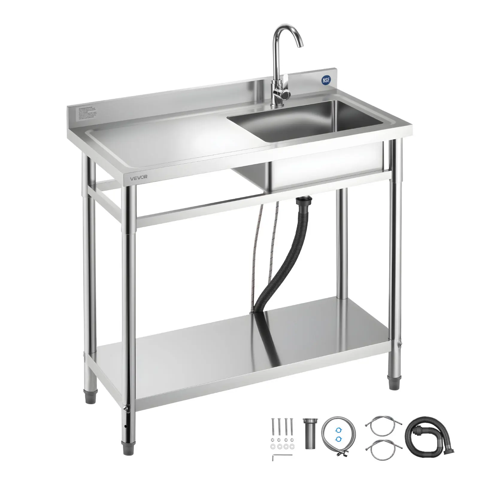 VEVOR Free-Standing Stainless Steel Utility Sink, Single Left Basin with Adjustable Bar Faucet, Hot & Cold Water Pipe, Anti-Clog Drainage System, 39.4x19.7x37 in, for Garage, Outdoor Kitchen, Buffet Use