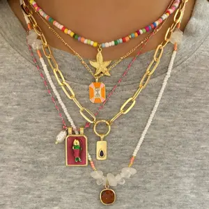 5pcs/Set Fashionable Asymmetrical Natural Stone Beaded Colorful Square Fish & Starfish Pendant Necklace, Multilayer Design, Women Daily Party Jewelry Accessory, Suitable For All Seasons, mother's day gift